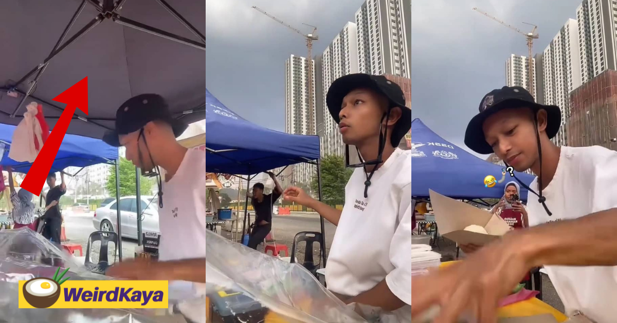 M'sian vendor continues to serve customers even as his canopy flies away at ramadan bazaar | weirdkaya