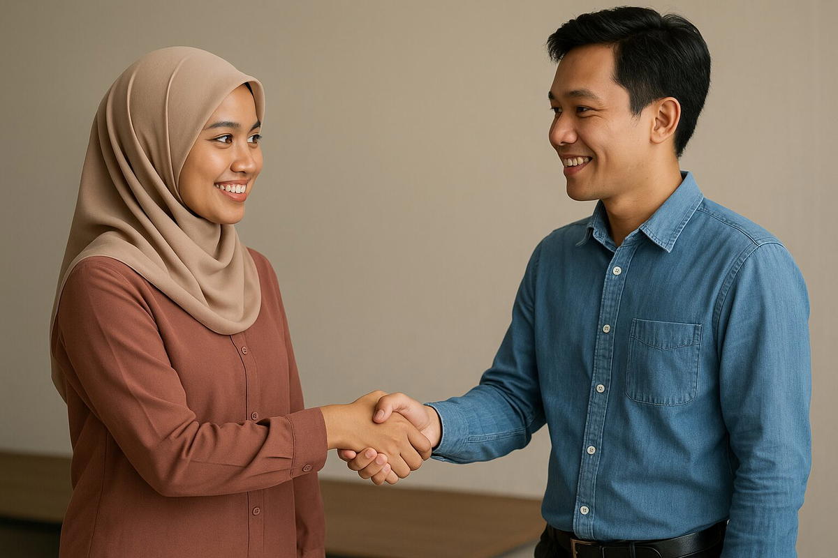 M'sian woman and man shaking hands