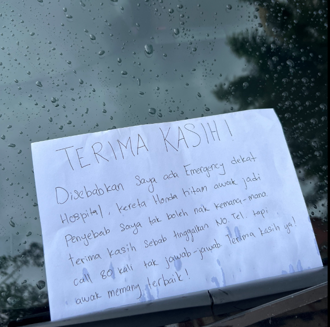 ‘thanks a lot! ’- m’sian woman leaves sarcastic note for driver who double-parked & ignored 80 calls | weirdkaya