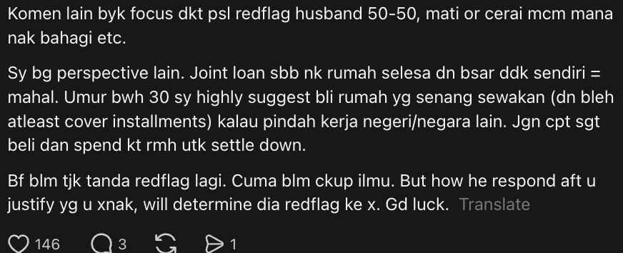 Image from: M’sian Woman Says BF Aims To Get Bigger House Through Joint Loan In Future, Netizens Warn Her To Think Twice | WeirdKaya