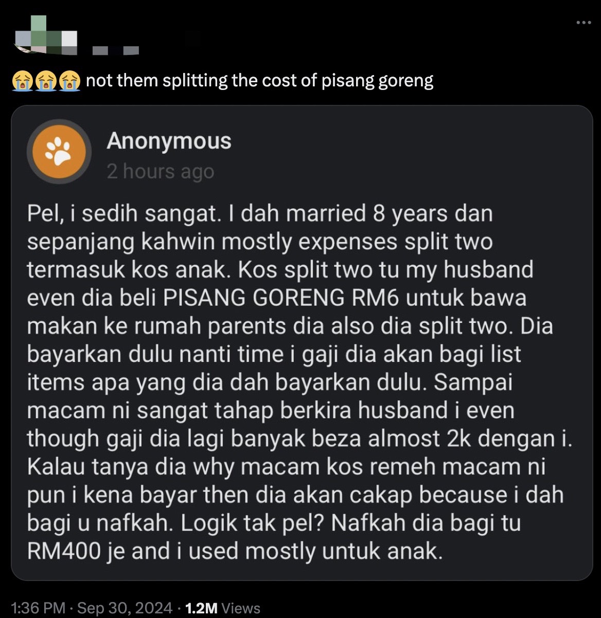 M'sian woman says husband's so stingy that they split each bill, including rm6 pisang goreng