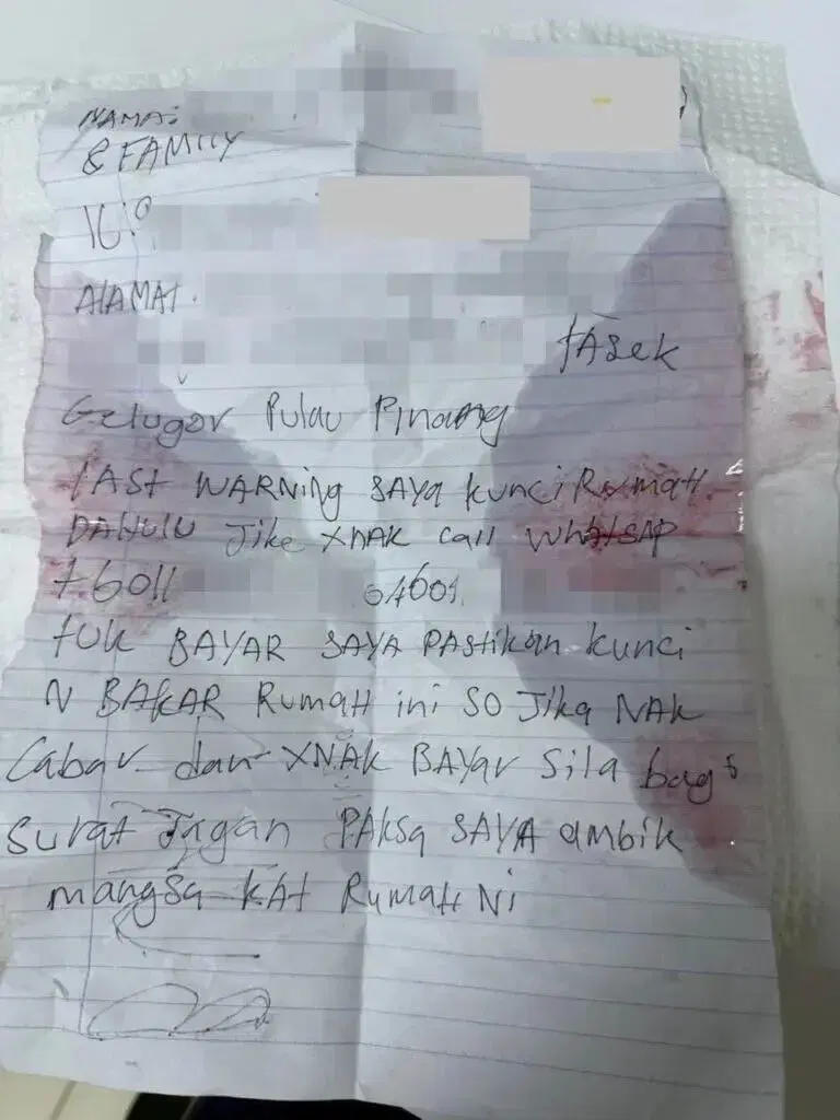 Note left by loan shark in Tasek Gelugor, Penang