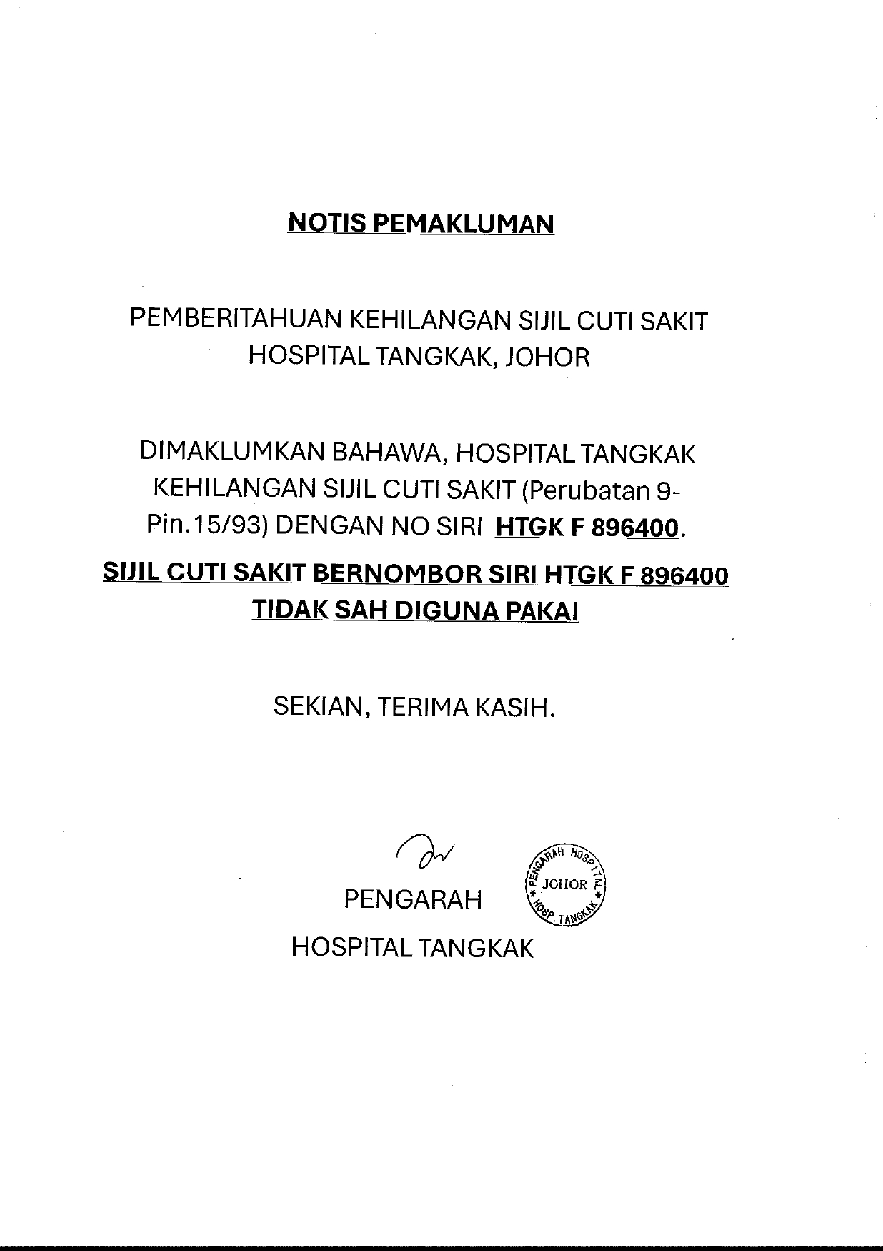 Notice from hospital tangkak