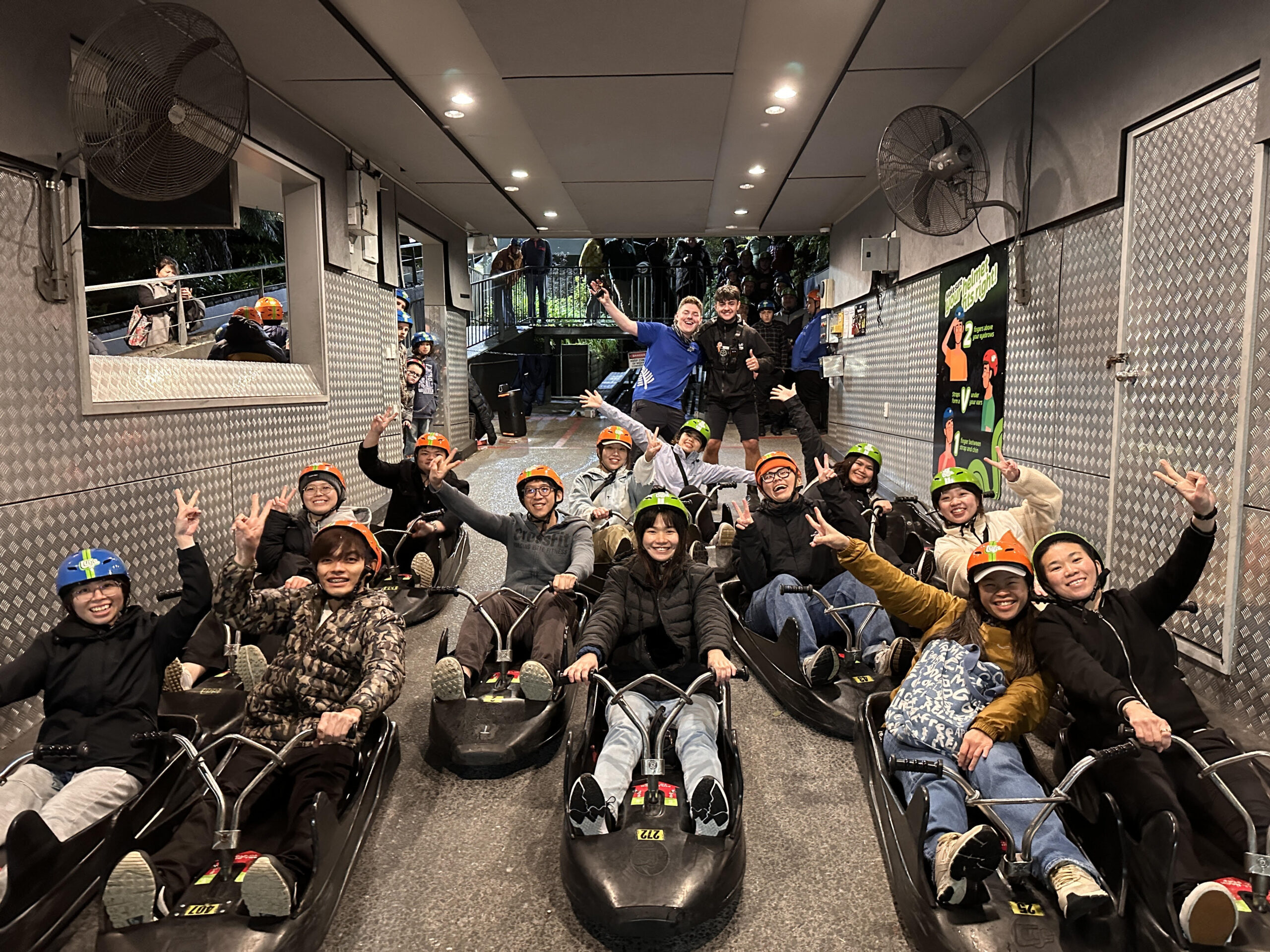 Kay at go kart course in new zealand with friends