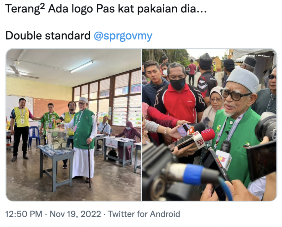 M'sians call out spr for allowing pas president to wear shirt with party logo at polling station | weirdkaya