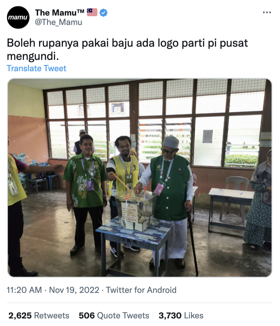 M'sians call out spr for allowing pas president to wear shirt with party logo at polling station | weirdkaya