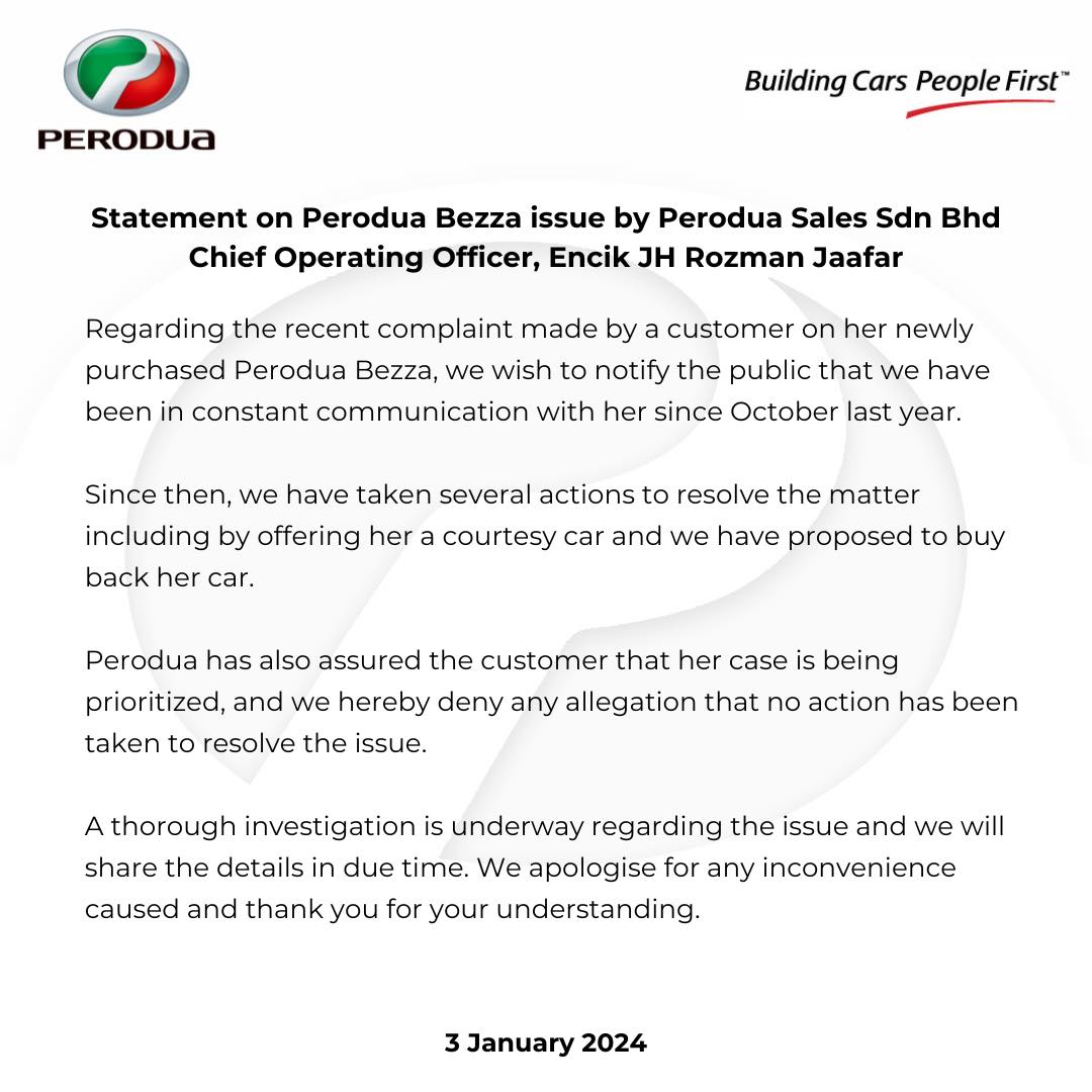 Perodua's statement on perodua bezza which spoilt after 8 hours