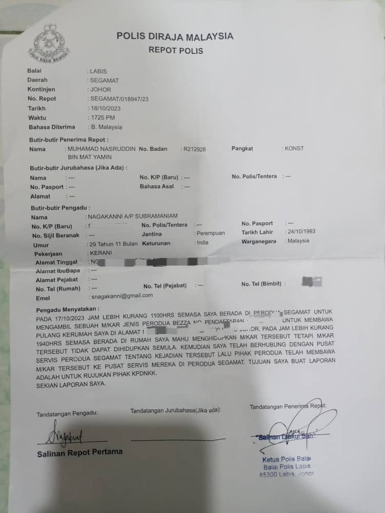 M'sian woman lodged police report over spoilt perodua bezza