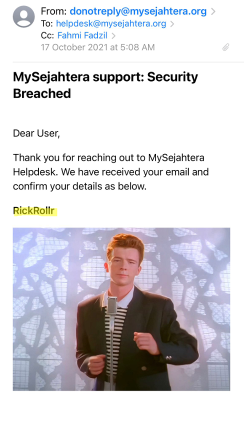 Mysejahtera users getting rick rolled