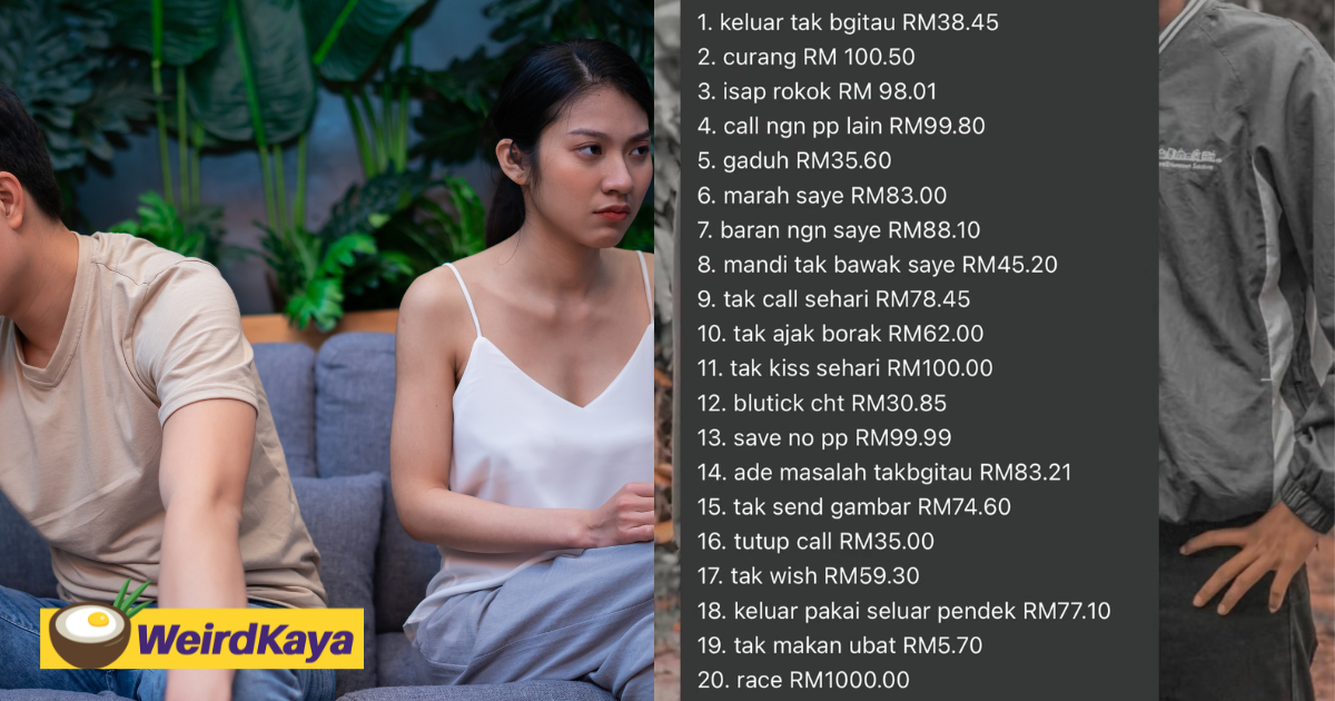 'rm78 for failing to call everyday' - m'sian woman lists out fines if bf breaks relationship rules | weirdkaya