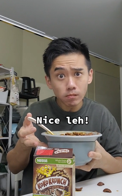 'better than milk' — sg content creator shocks netizens by mixing cereal with chicken curry