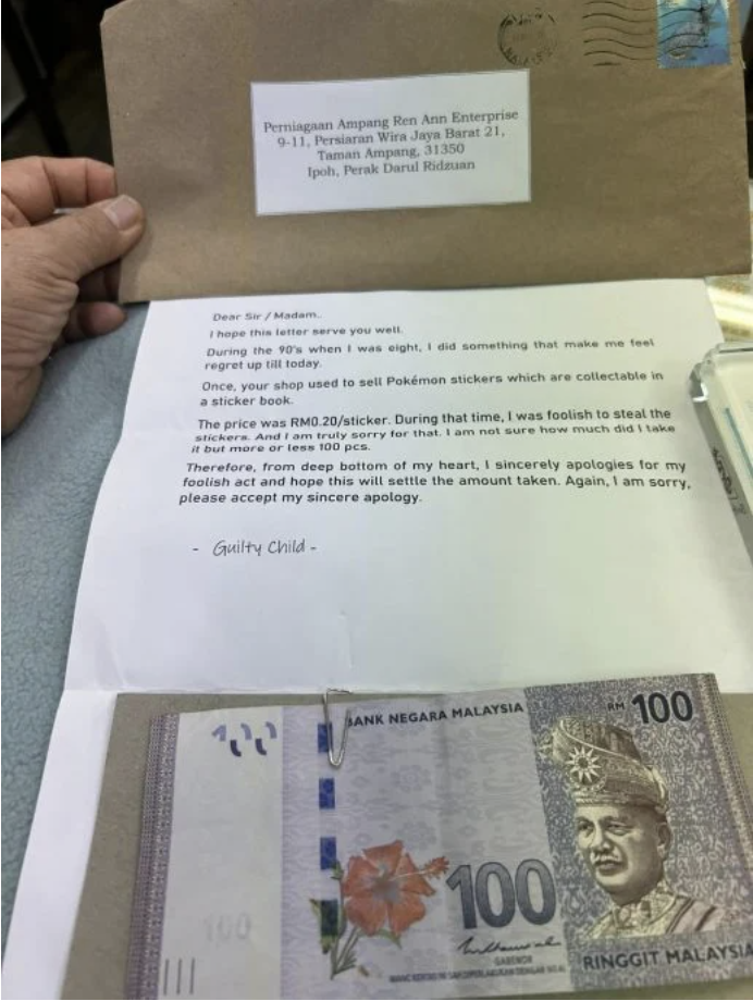M'sian shop owner receives apology letter and rm100 in compensation for pokémon stickers which were stolen 20 years ago | weirdkaya