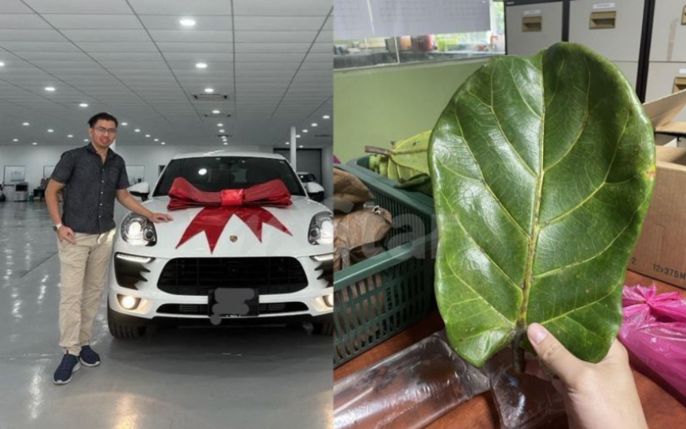 Msian lecturer with his new car that he bought by selling dried leaves