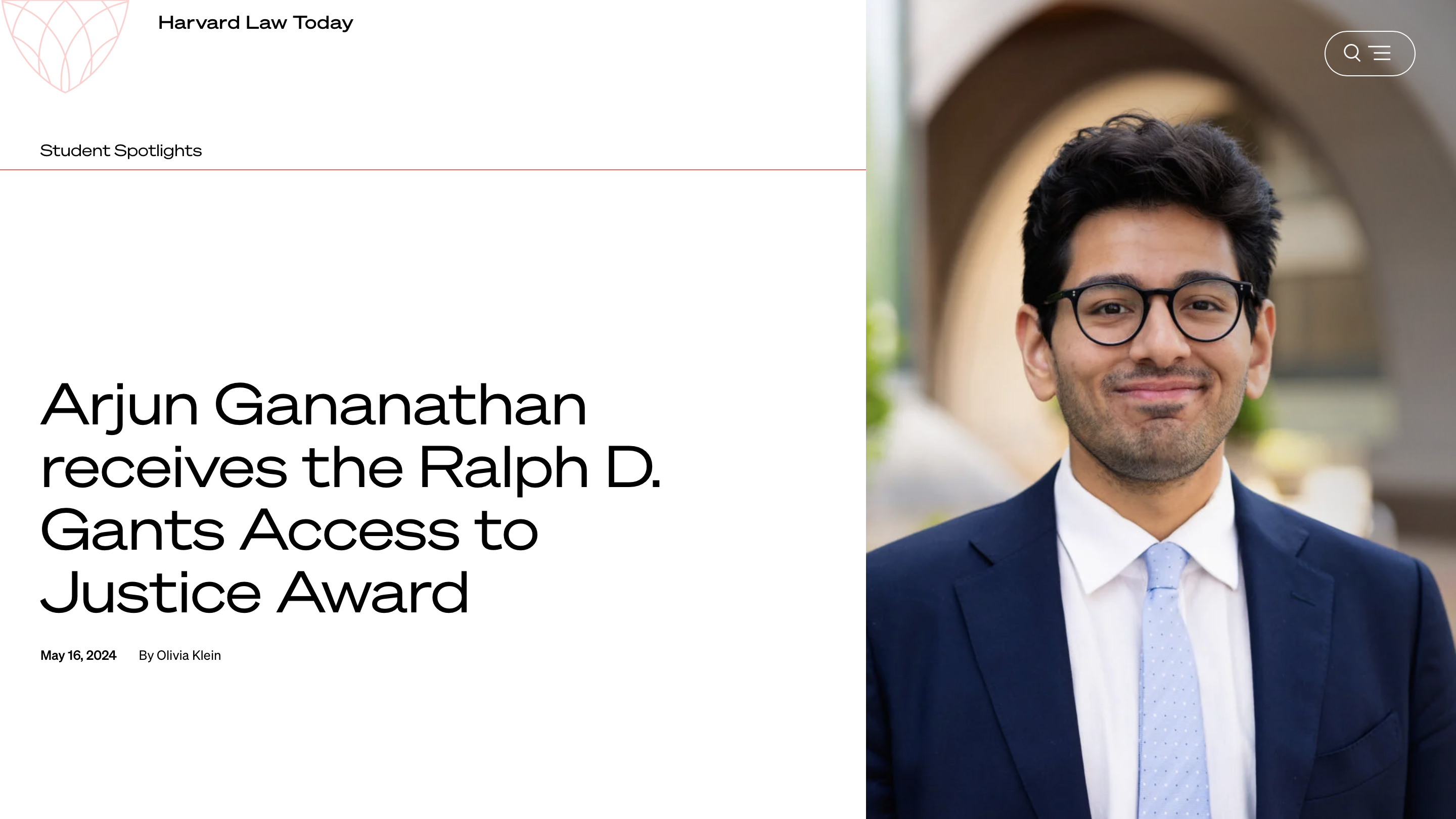Arjun gananathan receives the ralph d. Gants access to justice award