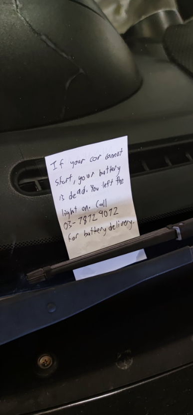 Kind m'sian leaves note on car for battery delivery after owner forgets to turn off headlights