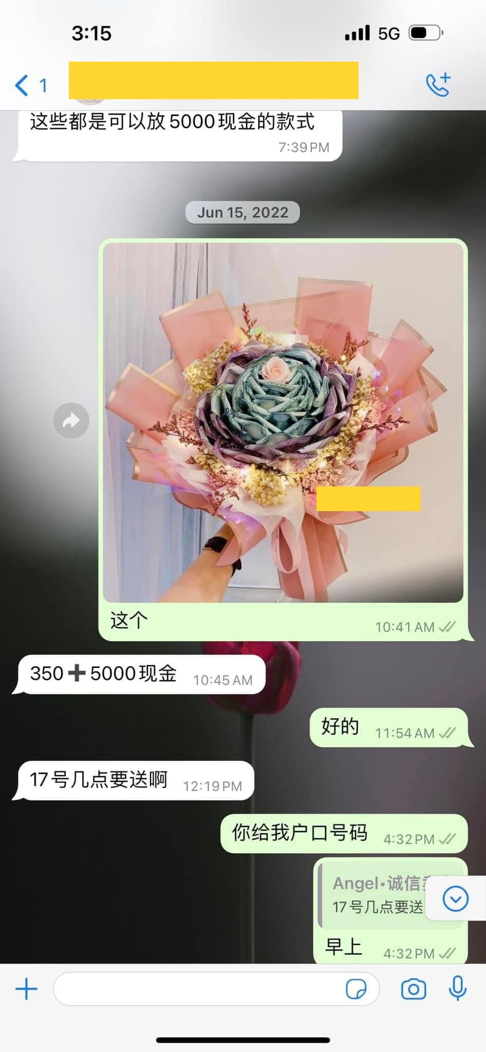 Screenshot of the m'sian man buying rm5k money bouquet