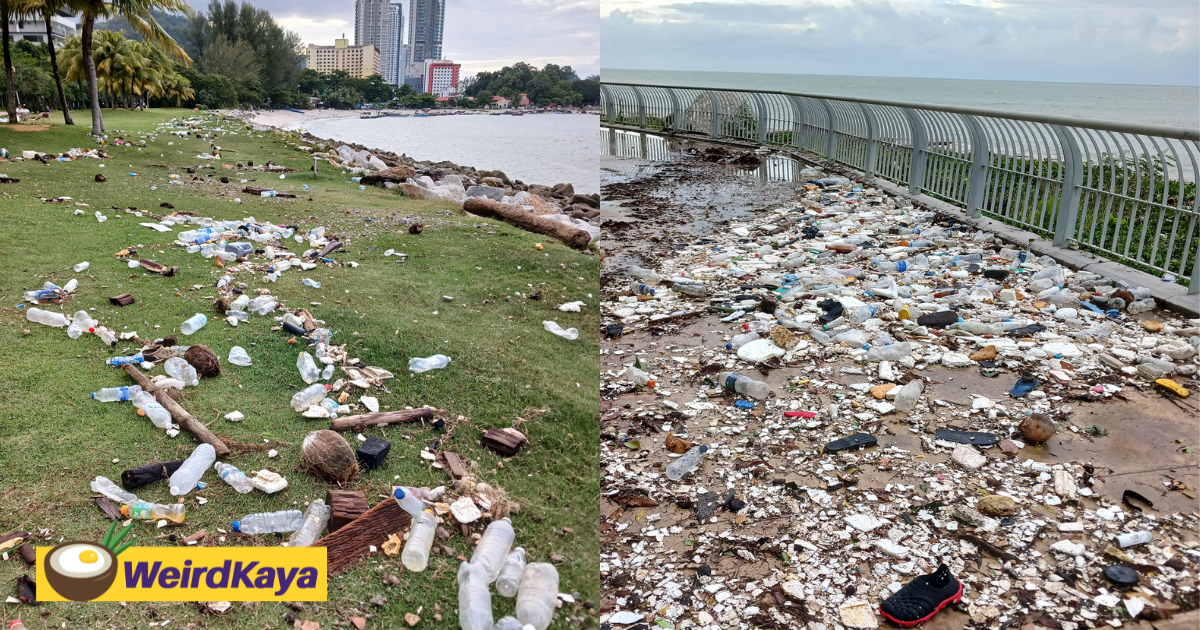 “sea returned our rubbish” – netizens saddened as penang’s coastal path flooded with trash after big waves | weirdkaya