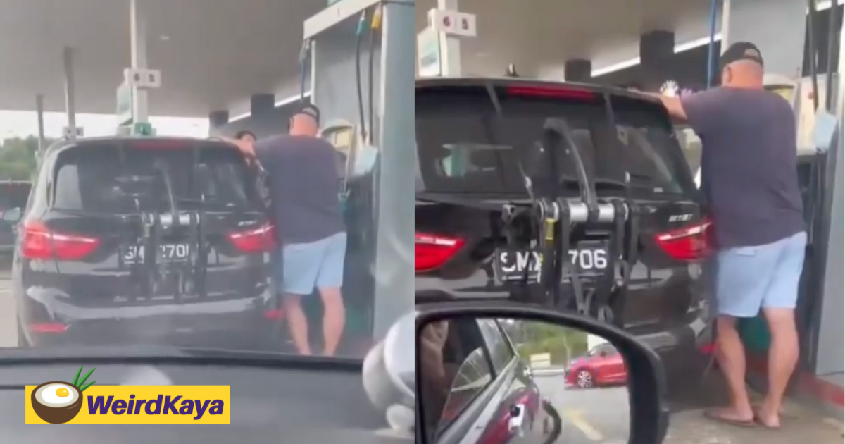 Sg-registered car owner pumps ron95 petrol, tries hiding car plate with ropes  | weirdkaya