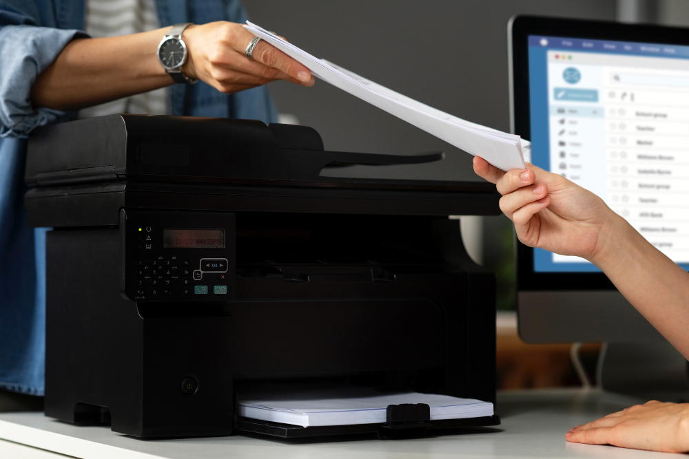 A person handing in a document to another