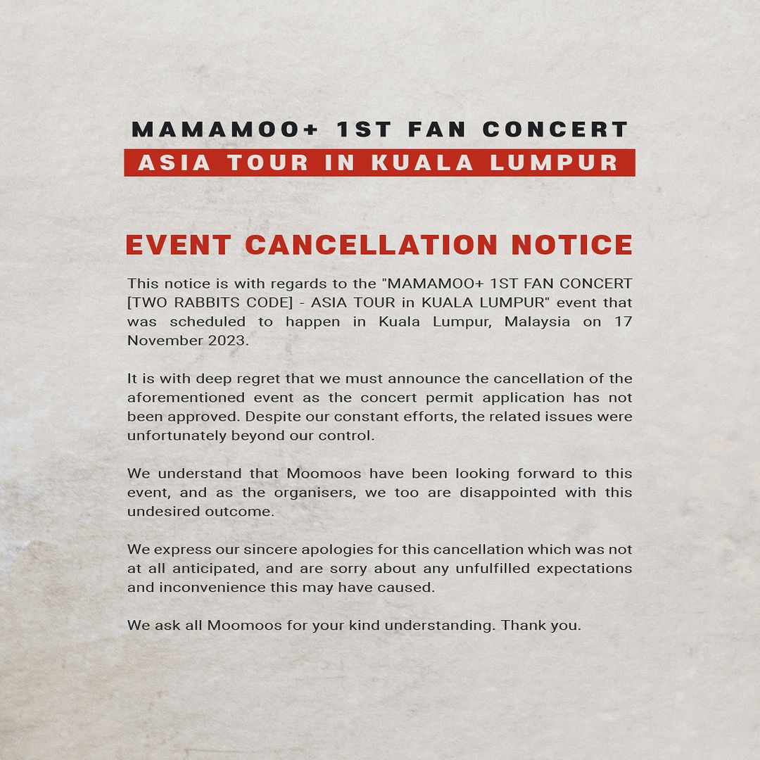 Notice of mamamoo concert cancellation malaysia