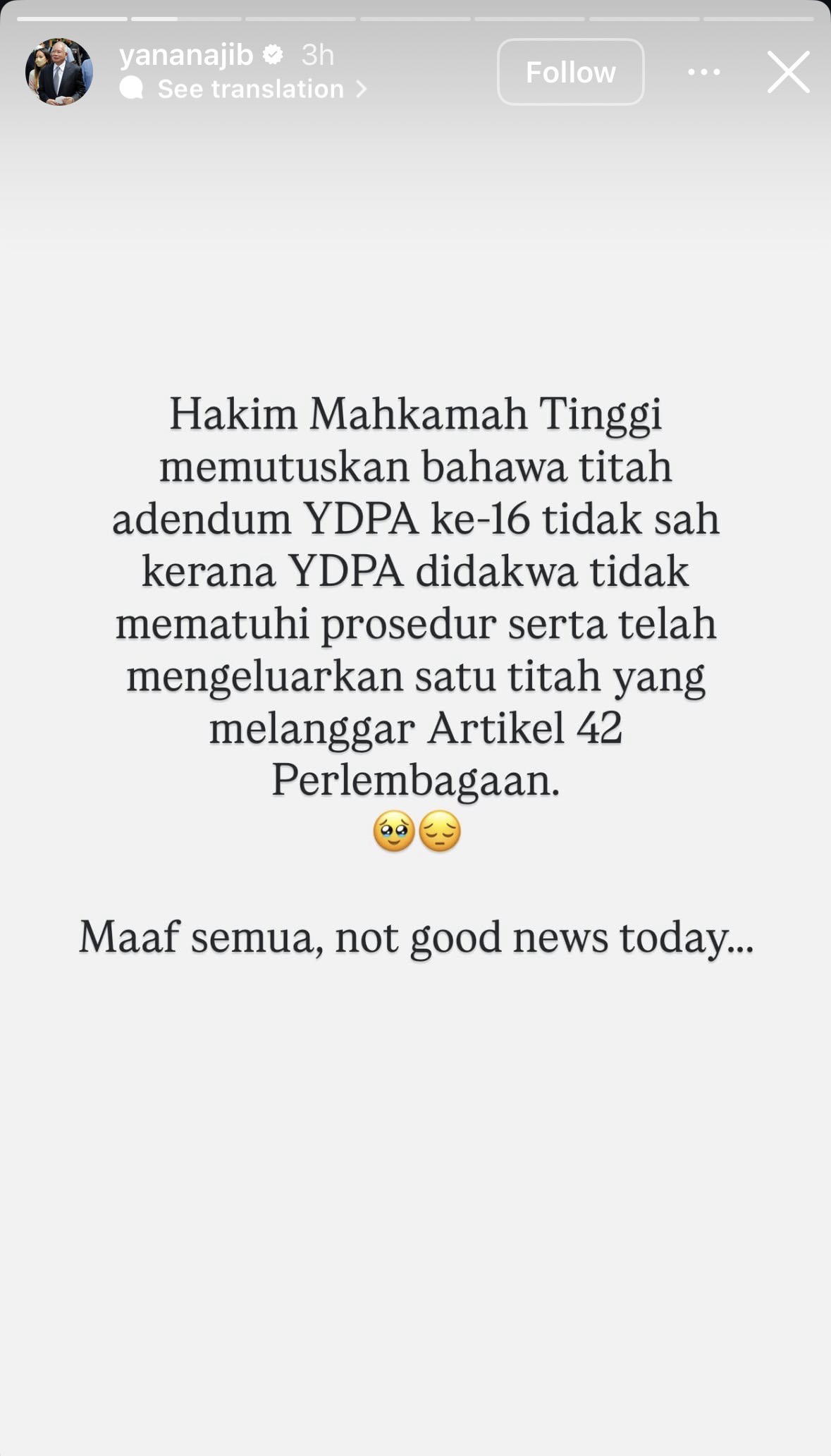 ‘So Sorry Daddy’ — Najib’s Daughter Tells Father To Stay Strong After Court Rejects House Arrest Bid