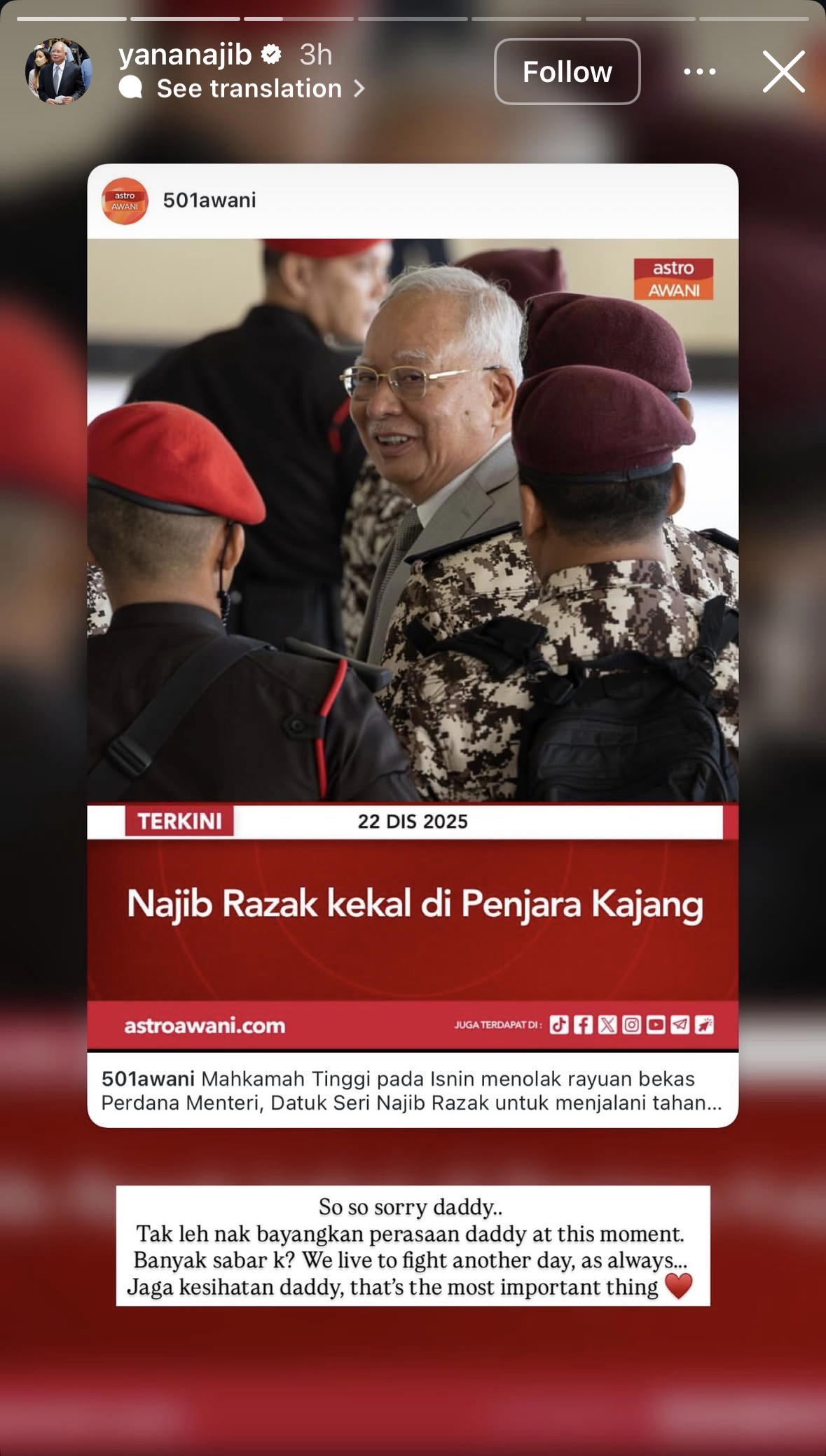 ‘So Sorry Daddy’ — Najib’s Daughter Tells Father To Stay Strong After Court Rejects House Arrest Bid