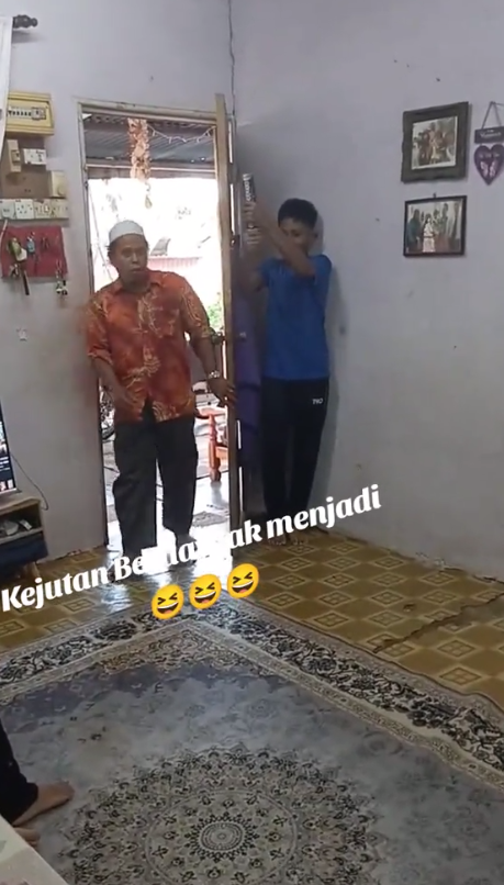 son surprising father with confetti