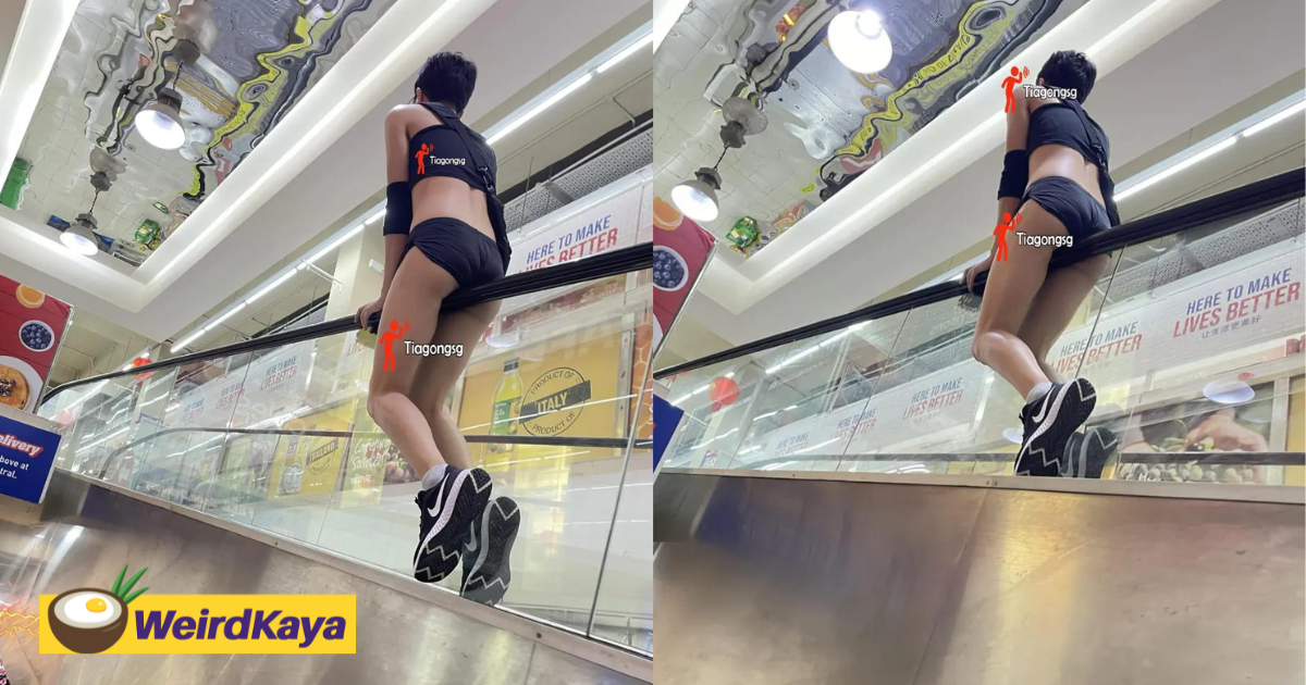 S'porean in tank top & skimpy shorts rides escalator's handrail, supermarket immediately sanitise | weirdkaya