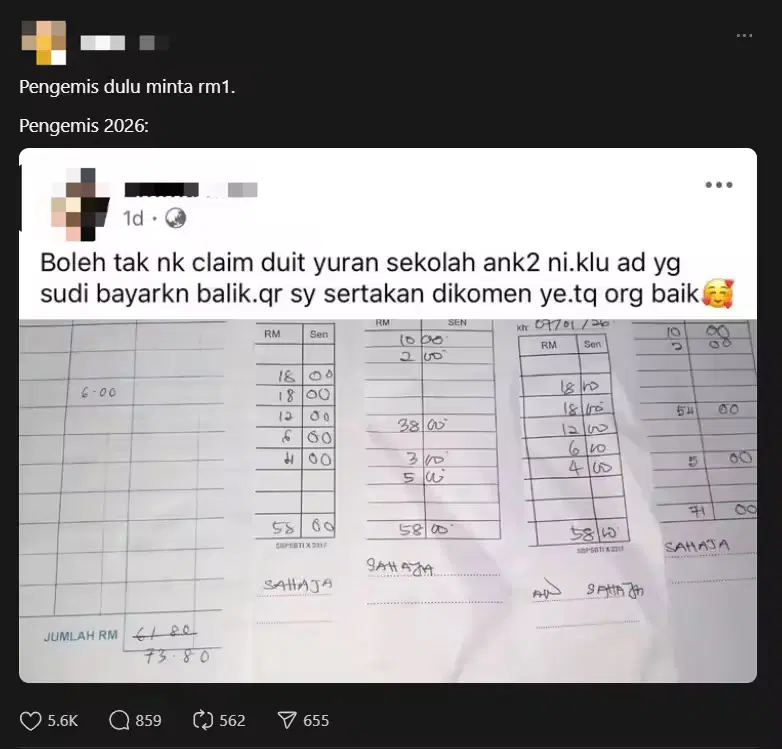 SS of mum asking netizens to pay school fees