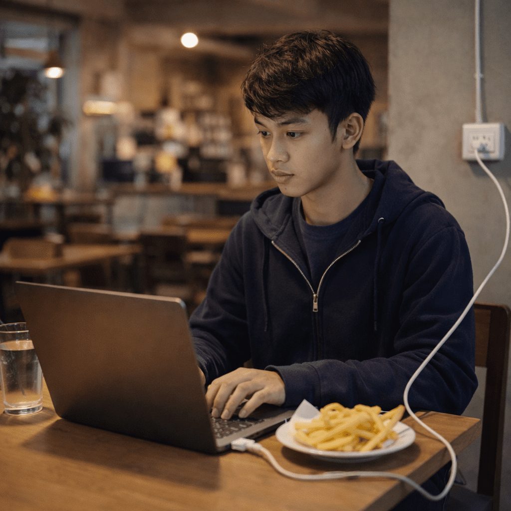Student working in cafe