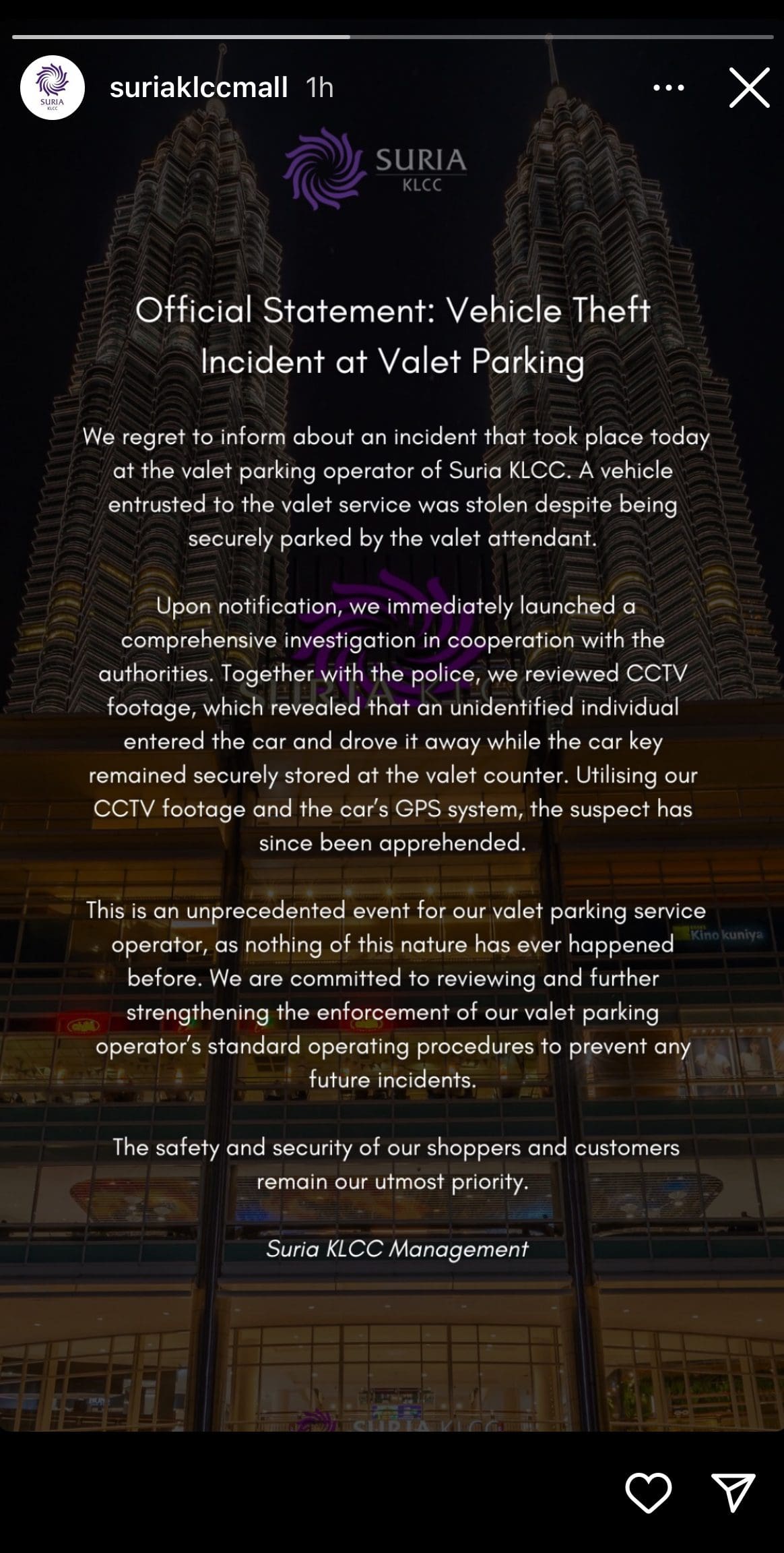 Suria KLCC Statement about car missing