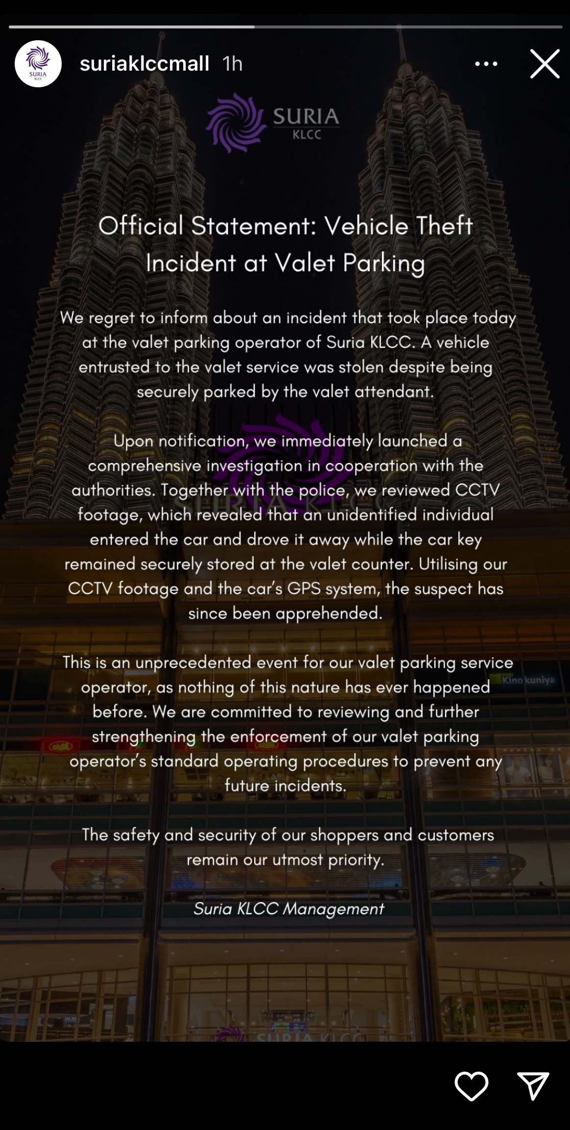 Suria klcc statement about car missing