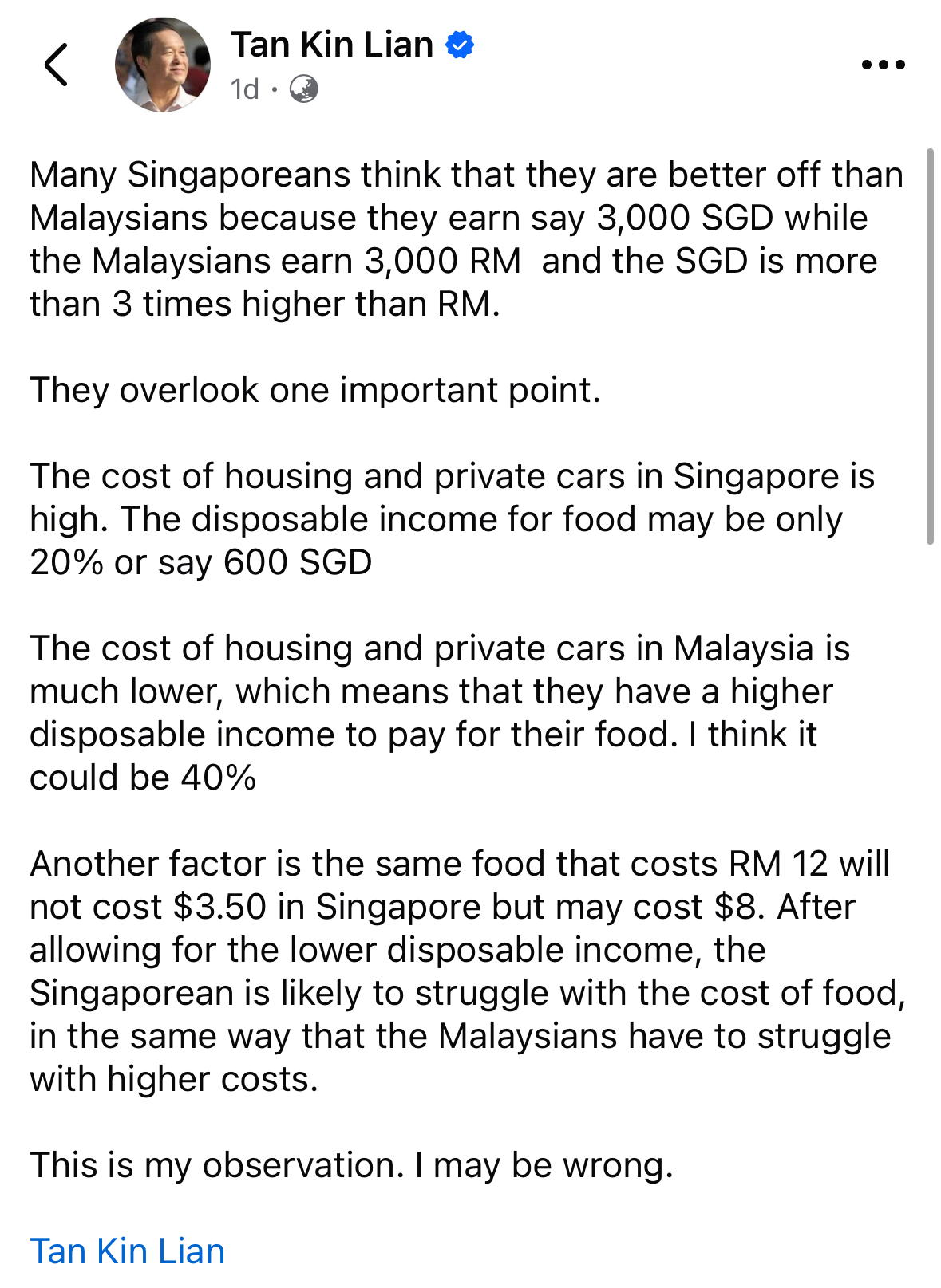 tan kin lian malaysia has more spending power compared to sg