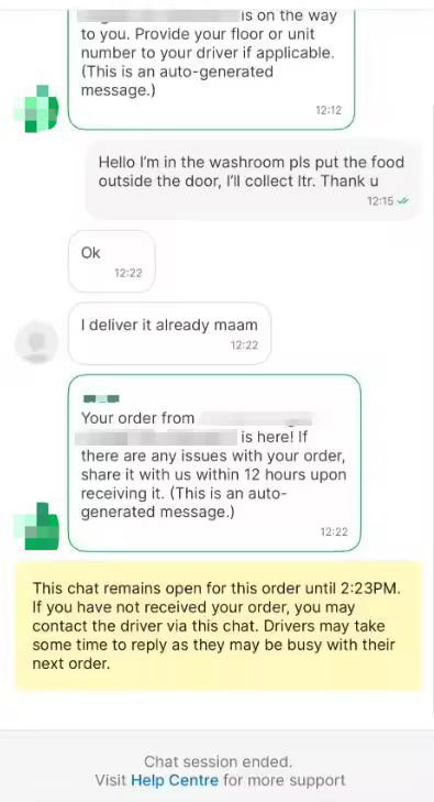 Text message sent to SG woman by delivery rider