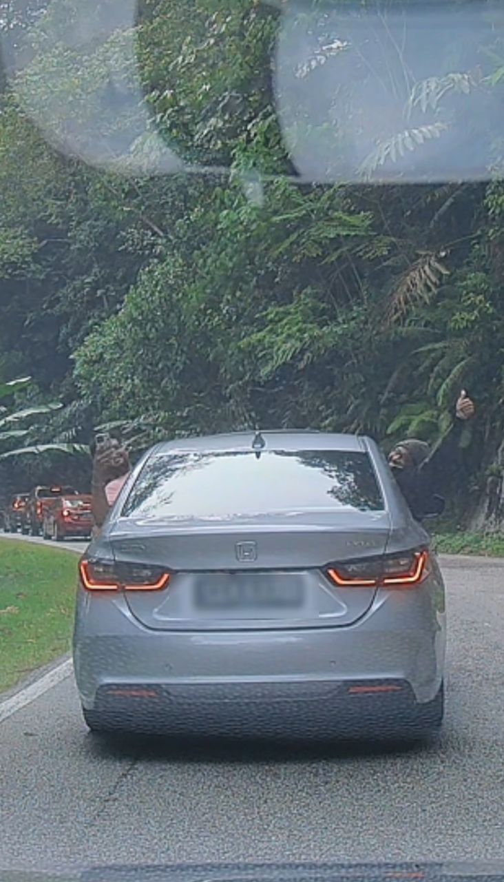 Two men waving at another car