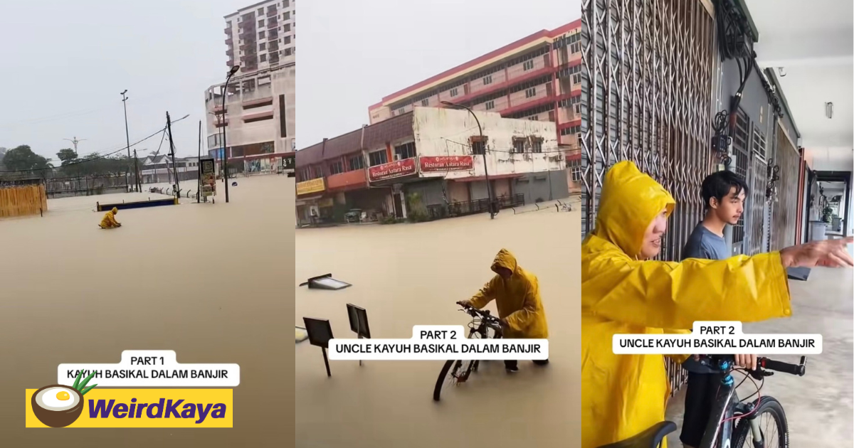M’sian uncle cycles through floodwater to buy groceries in viral clip | weirdkaya