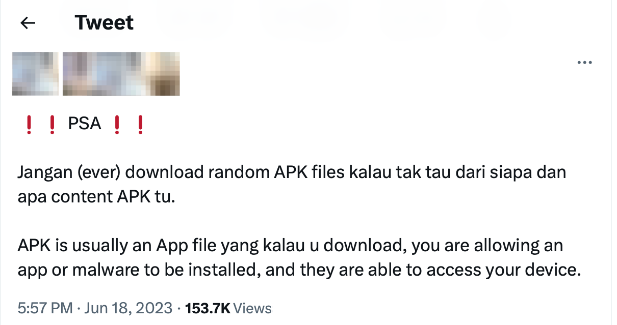 A tweet reminding everyone not to download apk file
