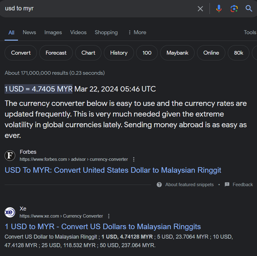 Google appears to have removed its myr currency conversion feature | weirdkaya