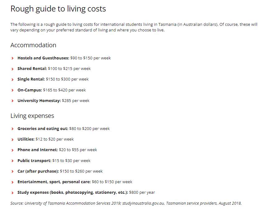 Rough guide to living costs in utas