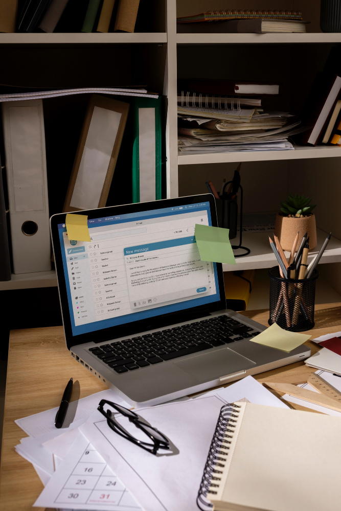 Laptop and documents on top of a table