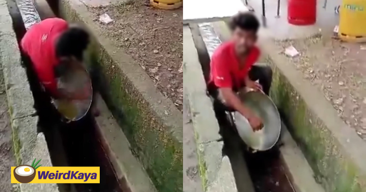 Viral video shows foreign worker washing wok with drain water at roadside stall | weirdkaya