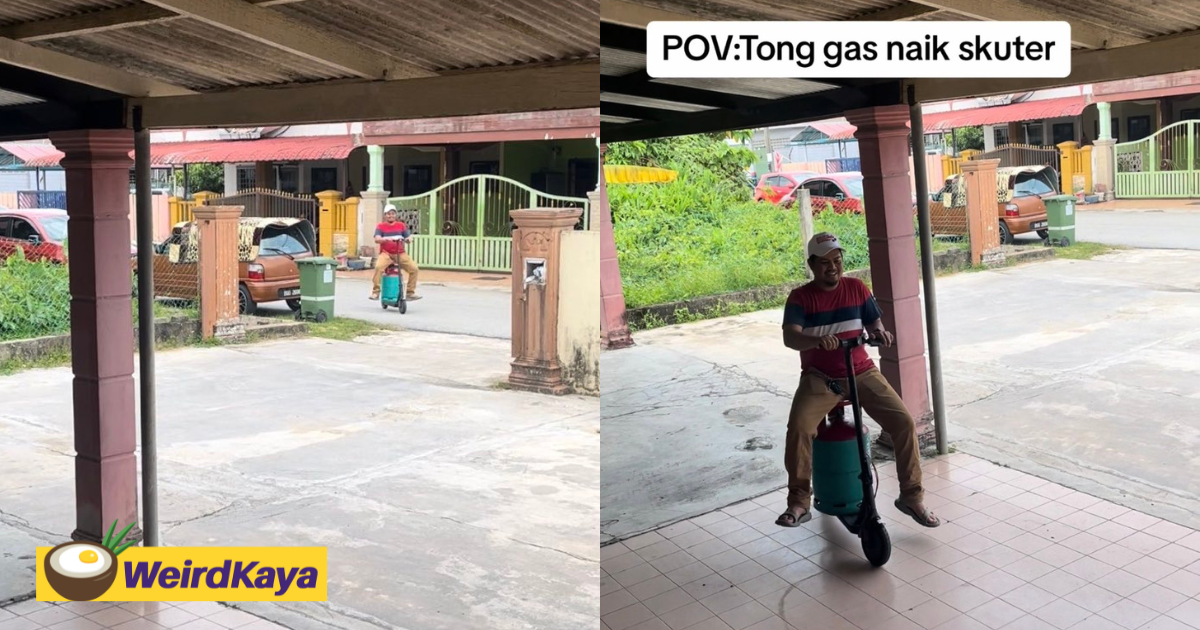 Viral video shows m'sian man using e-scooter to transport gas cylinder while sitting on top of it | weirdkaya