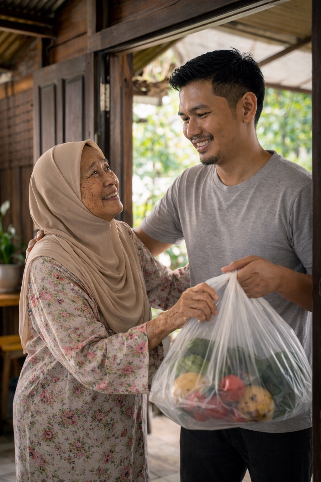 Visiting his mum house