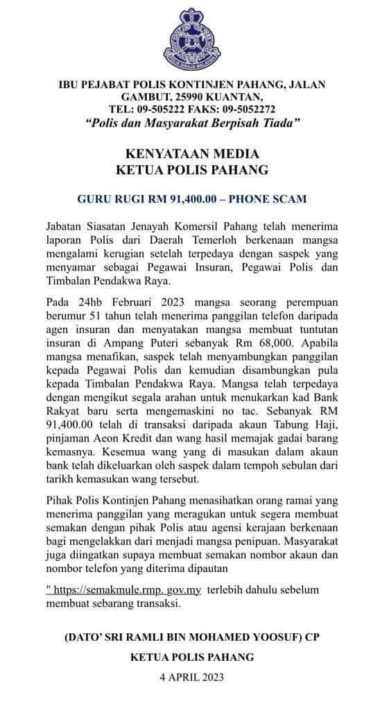 Police statement on victim getting scammed rm91,400