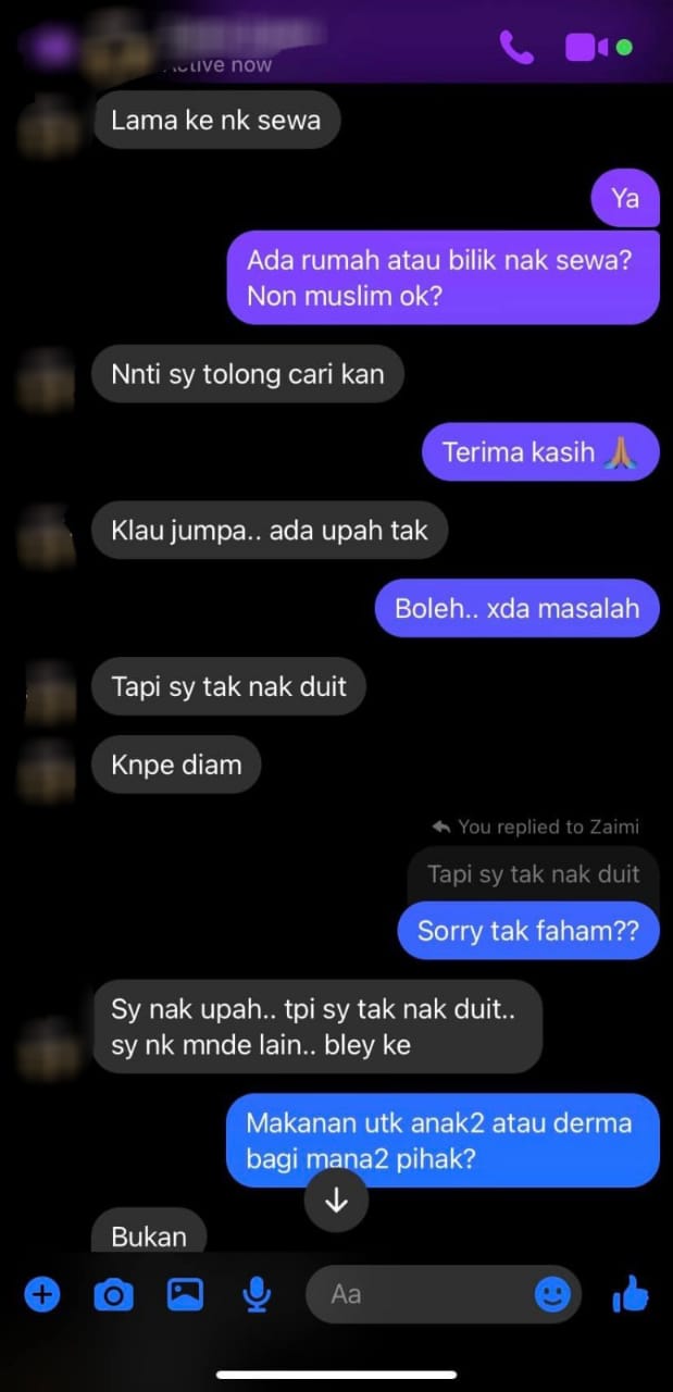 A screenshot of a chat a msian woman had with a man in facebook messenger
