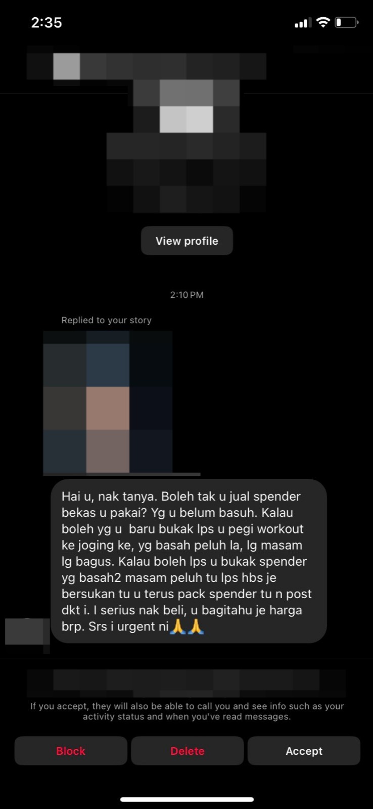 A screenshot shared by a m'sian woman shows a lewd message she received from one of her instagram followers.