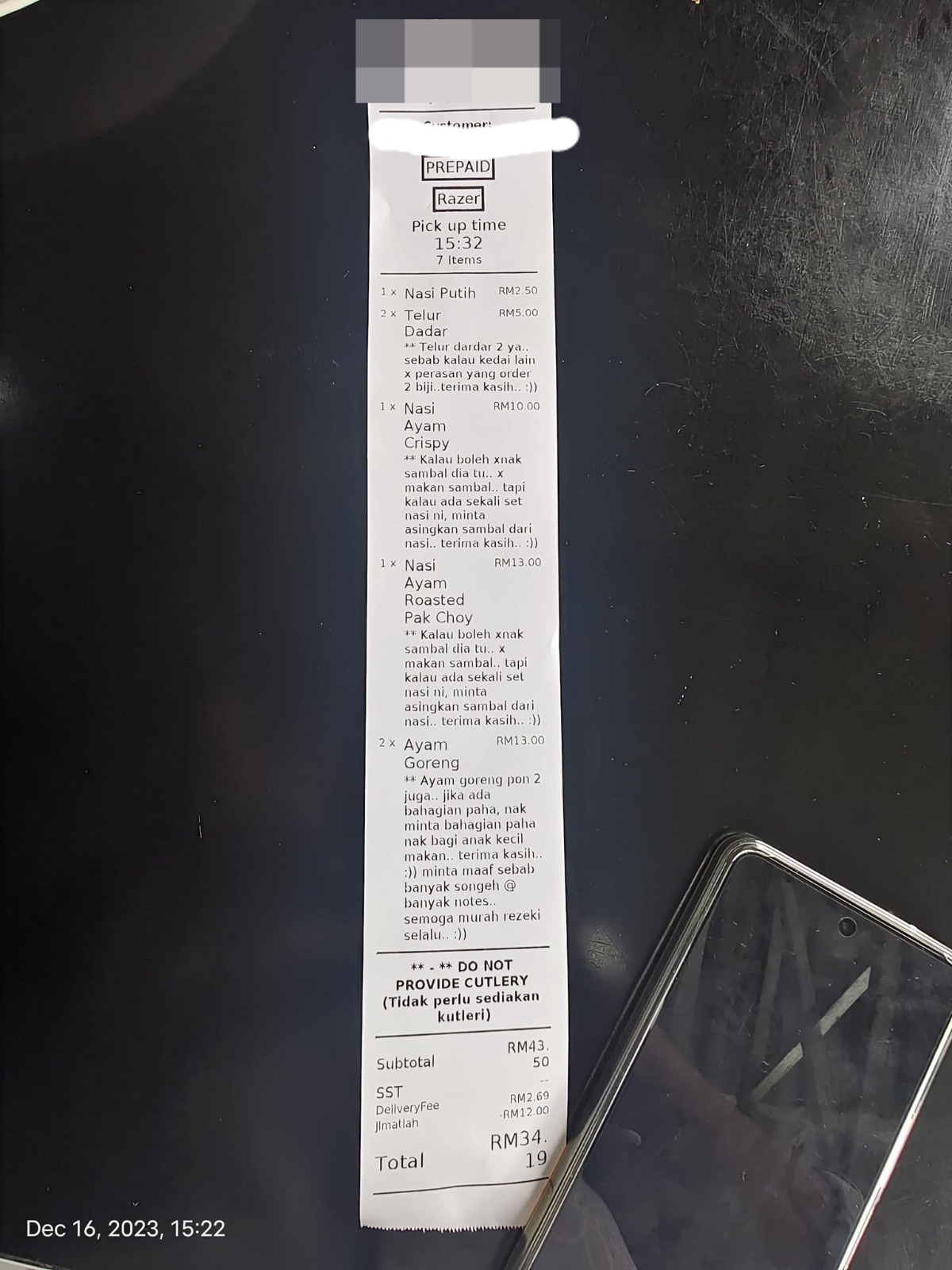 M'sian food vendor shares a receipt, meticulously detailed by a customer for every dish they ordered.