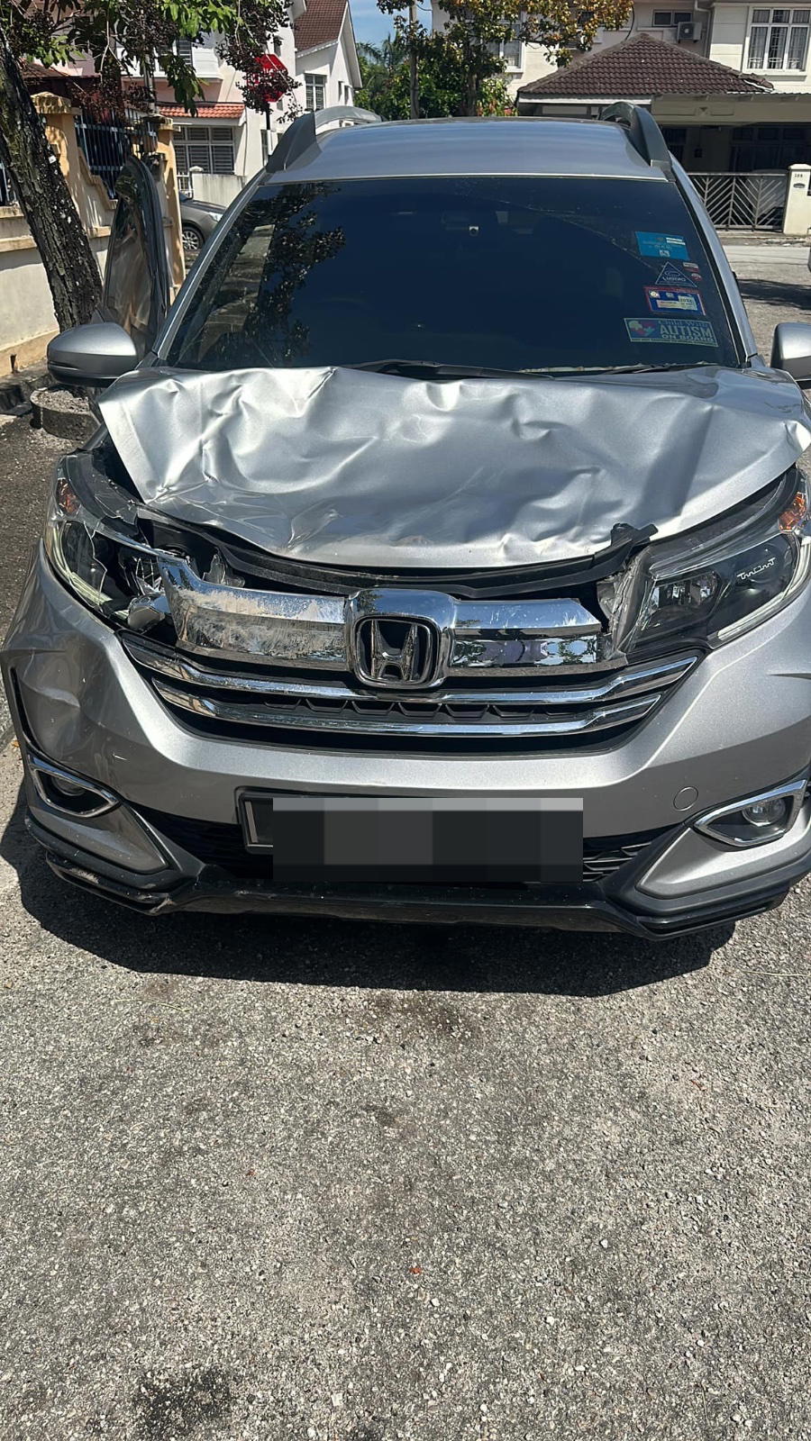 Damaged car after colliding with cows