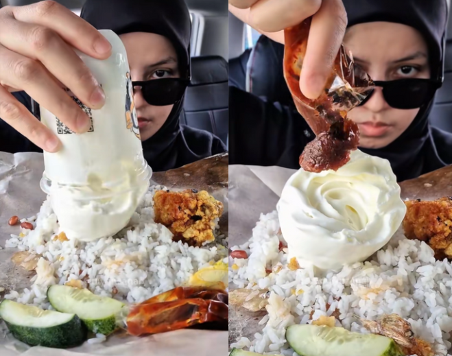 Woman adds ice cream and sambal to nasi lemak