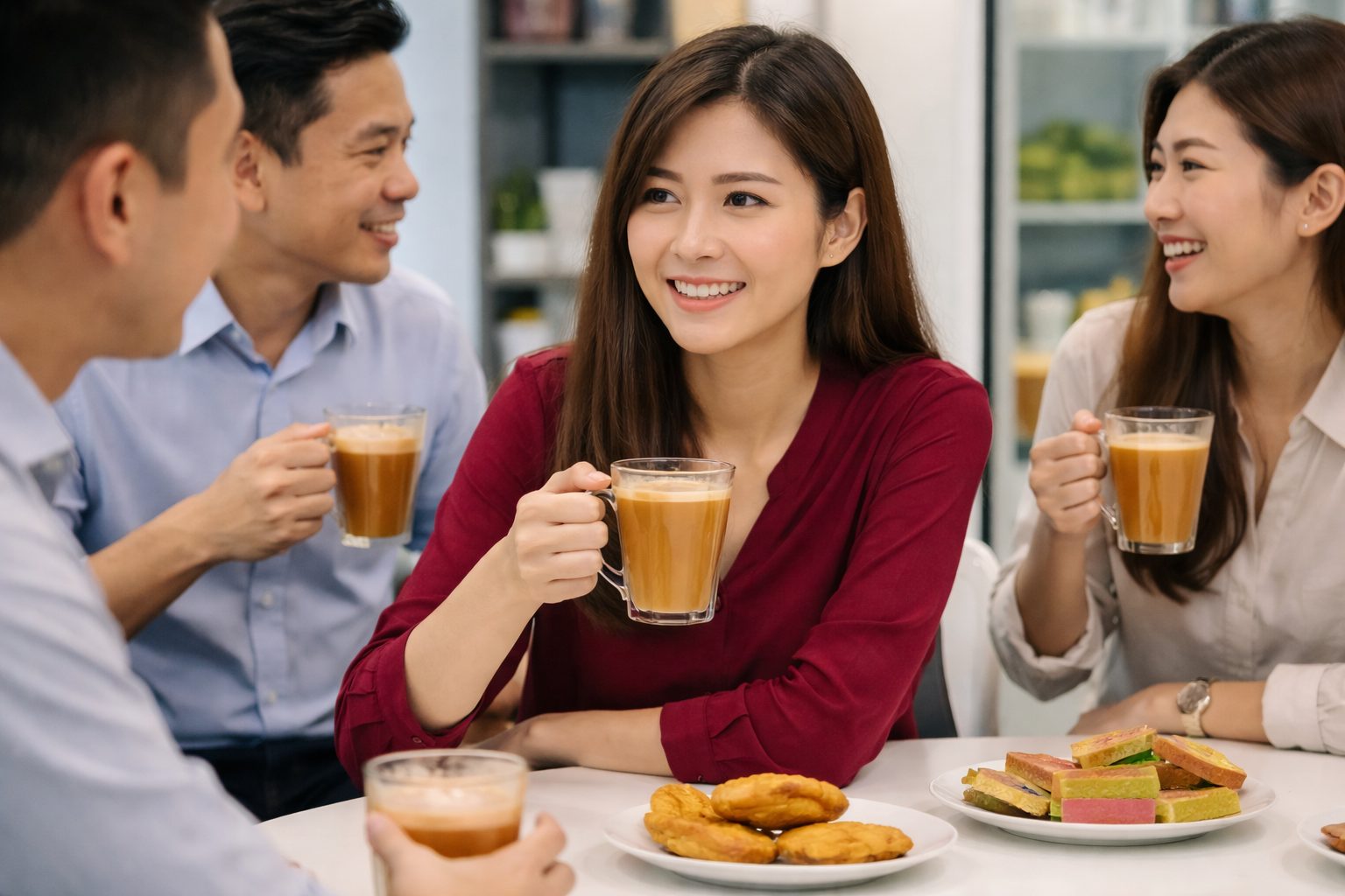 Woman having tea break with colleagues